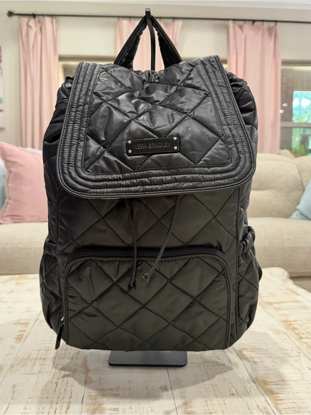 Vera Bradley Backpack Puffy Quilted Black Backpack Houndstooth Lining NWOT